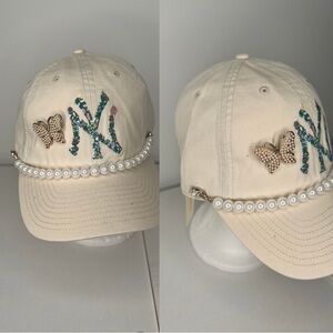 Embellished NY Yankees Cream Cap with Butterfly and Pearl Details